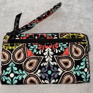 VERA BRADLEY Paisley Floral Embroidered Boho Black Wallet Wrist Strap Clutch